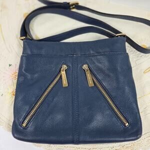 Michael Kors MK Leather Crossbody Bag Blue Pebbled Gold Zippers Purse